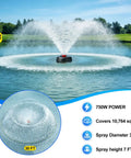 Floating Pond Fountain Aerator 1HP 15000 GPH with Timer and 100 Ft Power Cord in operation in a large pond, spray diameter 30 ft