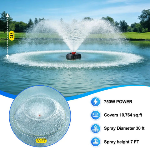 Floating Pond Fountain Aerator 1HP 15000 GPH with Timer and 100 Ft Power Cord in operation in a large pond, spray diameter 30 ft