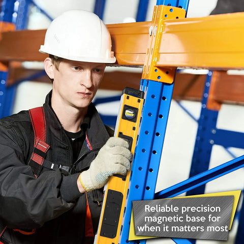 Worker using 24 Inch Digital Level With Slope Readings For Degrees And Percent Electronic Level Tool With Pro Grade Precision IP54 Dustproof Waterproof Includes Batteries And Case For Pros And DIY Projects on metal structure.