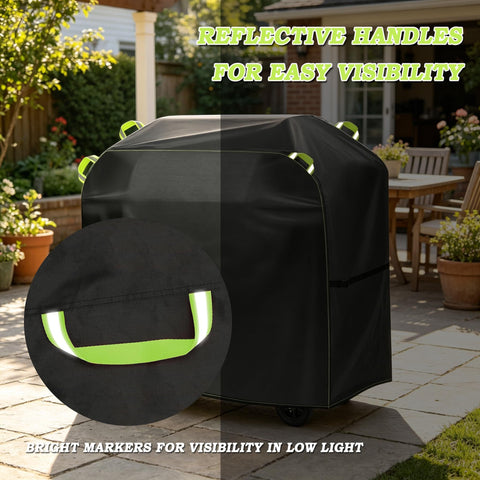 Grill Cover For Hestan Aspire 30 Inch Grill 2020 To 2026 with reflective handles in a patio setting