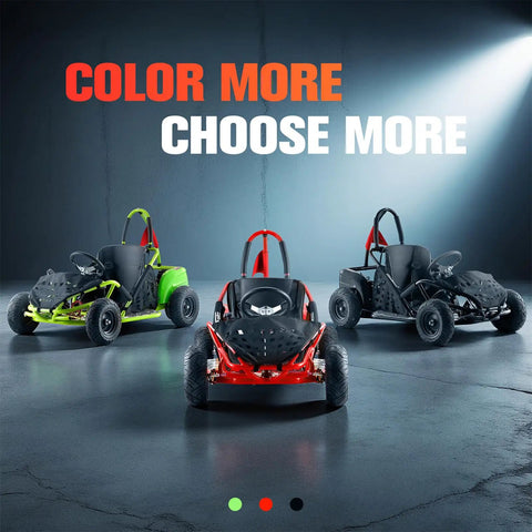 Kid Friendly All Terrain Electric Go Kart With 48V 1000W Motor And Parental Speed Control display in red, green, and black