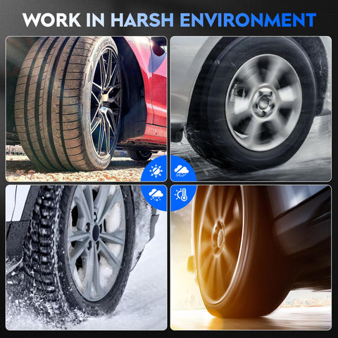 Car tires designed for harsh environments shown on dry, snowy, and wet roads.