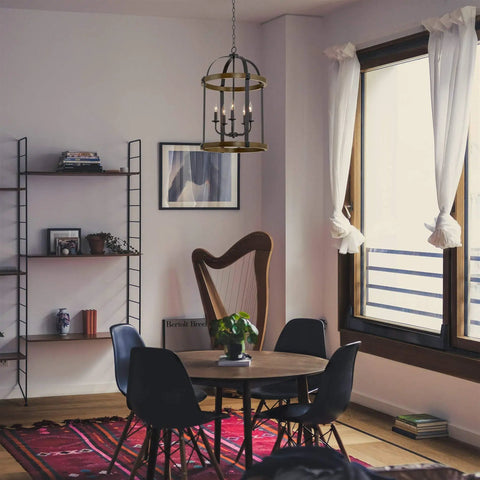 5 Light Rustic Farmhouse Lantern Chandelier With Black Metal Frame And Walnut Bird Cage Finish in dining room