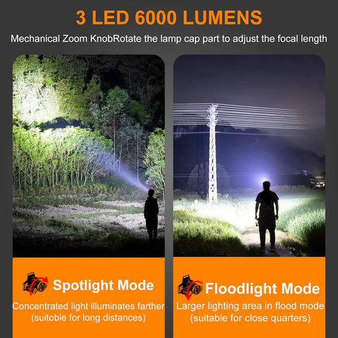 Person using Beast Mode Bright Rechargeable LED Headlamp With 6000 Lumen Beam in spotlight and floodlight mode, outdoors at night