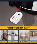 Leak Alert Water Leak Detector and Flood Sensor in use near appliances, showcasing potential leak areas, battery powered, 90 dB alarm system.