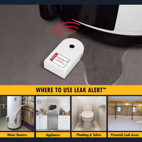 Leak Alert Water Leak Detector And Flood Sensor Alarm 5 Pack placed near appliance with potential leak areas, water heaters, plumbing.