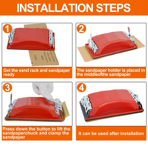 Installation steps for wet and dry sandpaper set with sanding block, showing assembly and usage instructions.