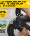Close-up of locking hook arm on modular two in one hitch rack for two bikes up to eighty pounds tilts and folds for easy storage