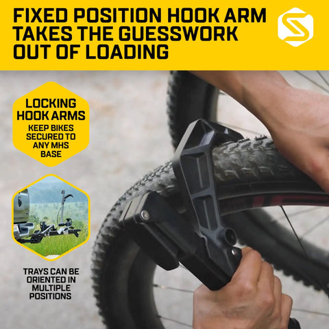 Close-up of locking hook arm on modular two in one hitch rack for two bikes up to eighty pounds tilts and folds for easy storage