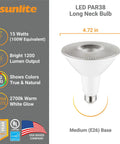 LED PAR38 Long Neck Spotlight Bulb 15W (100W Halogen EQ), 1200 Lumen, 40 Degree Flood Beam, E26 Base, 90 CRI, Waterproof, Dimmable, 3000K Warm White, 6 Pack, Energy Star Certified, UL Listed on display with dimensions and features.