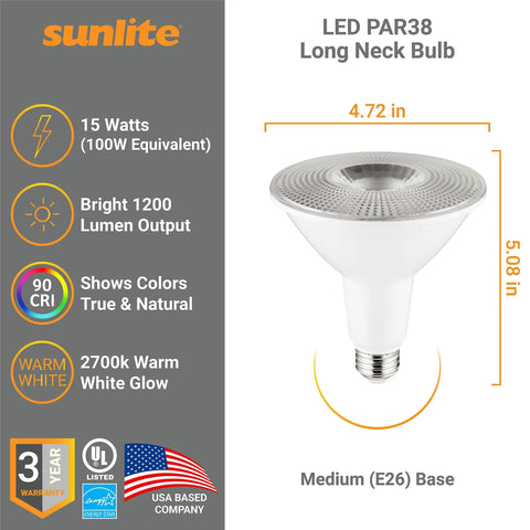 LED PAR38 Long Neck Spotlight Bulb 15W (100W Halogen EQ), 1200 Lumen, 40 Degree Flood Beam, E26 Base, 90 CRI, Waterproof, Dimmable, 3000K Warm White, 6 Pack, Energy Star Certified, UL Listed on display with dimensions and features.