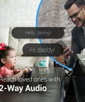 CapsuleCam Pro Baby Monitor 2 Pack Dope 1080P HD WiFi indoor cam with phone app showing two-way audio interaction between child and parent.