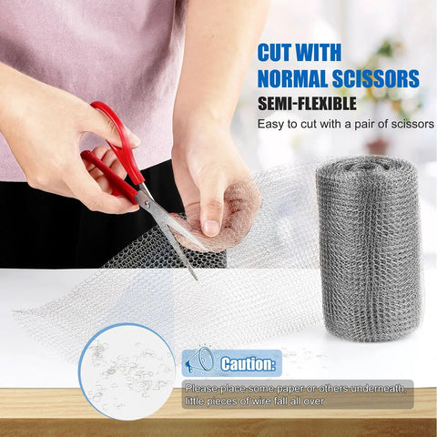 Flexible Stainless Steel Wool Roll For Gap Blocking 5 Inch By 30 Foot, Rust Resistant Mesh being cut with scissors