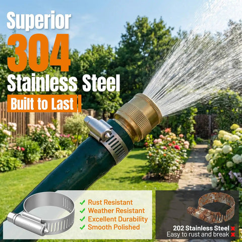 Garden hose with 304 stainless steel clamp highlighting rust resistance from 250 Piece Beefy Stainless Steel All In One Hose Clamp Kit.