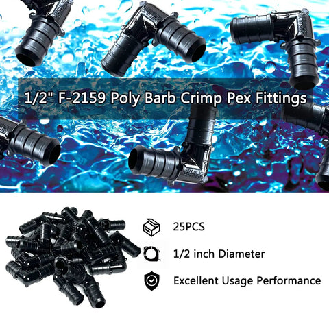 Half Inch 90 Degree Pex Elbow Fitting Made From Lead Free PPSU Barb Crimp For Water Lines, 25 pack shown on water background.
