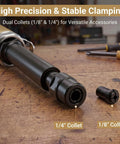 Badass Air Die Grinder With Extended Long Shaft For Tight Squeeze Tasks, Dual Collets, 22000 RPM showing 1/4" and 1/8" collets.