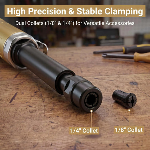 Badass Air Die Grinder With Extended Long Shaft For Tight Squeeze Tasks, Dual Collets, 22000 RPM showing 1/4" and 1/8" collets.