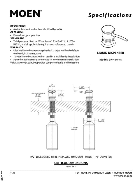 Diagram of Spot Resist Stainless Deck Mounted Kitchen Soap Dispenser With 18 Oz Refillable Bottle Above The Sink Pump installation specs