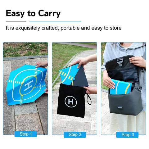 Person folding On The Go Foldable Night Vision Drone Landing Pad 20 Inch Double Sided Waterproof Helipad into carry bag.