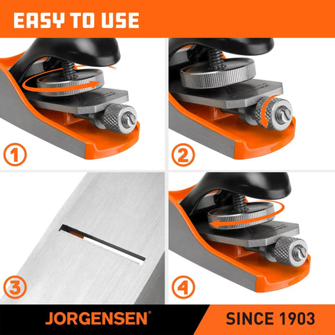 Pro Grade O1 Tool Steel Low Angle Block Plane For Heavy Duty Wood Smoothing, showing adjustable depth knob and steel blade.