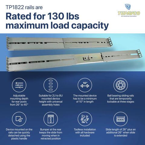 Heavy Duty Rackmount Sliding Rails Kit For 2U To 8U Server Racks Featuring Adjustable 26 To 40 Inch Depth And Rock Solid 130 Pound Limit with ball bearing slides.