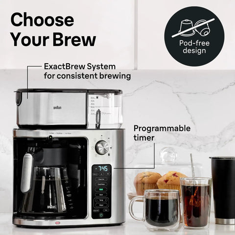 10 Cup Drip Coffee Maker With Hot And Cold Multi Serve Brewer, Timer And Auto Start, Hot Water Dispenser, Over Ice Function shown.