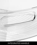 Close-up of clear plastic quarter wedge bin integrated handle, fits tight in corner cabinets, boosts space, stores spices.