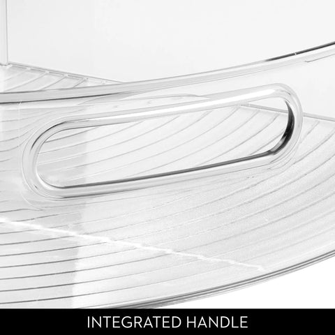 Close-up of clear plastic quarter wedge bin integrated handle, fits tight in corner cabinets, boosts space, stores spices.