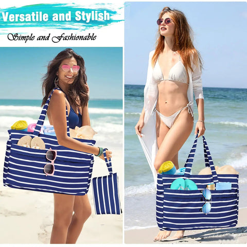 Two women on the beach carrying Extra Large Waterproof Beach Bag Tote With Zipper Wet Pocket 50L Capacity Ideal Pool Bag For Women And Men