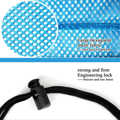 Close-up of Oversized 17 By 28 Quick Dry Mesh Diving Bags 3 Pack highlighting blue hexagonal mesh and secure black engineering lock.