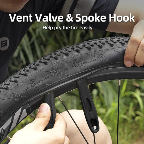 16 In 1 Foldable Bike Tool Kit For Cyclists, Portable Multitool With Allen Wrenches And Tire Levers shown prying bike tire
