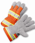 Orange and grey protective work gloves with reflective stripes.