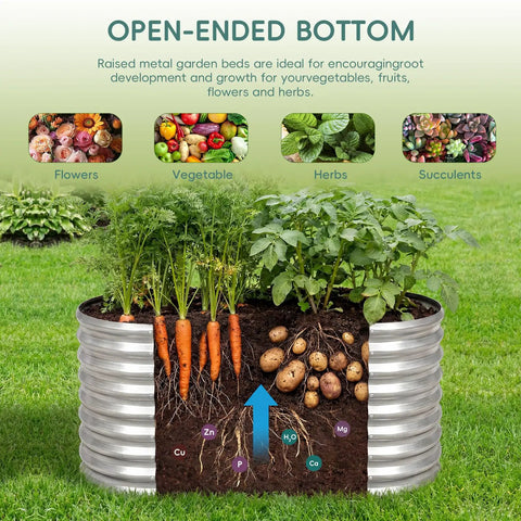 3 Pack Galvanized Raised Garden Beds 3x2x2 Feet Outdoor Oval Metal Planter Boxes For Planting Vegetables Fruits And Herbs Durable Weatherproof Steel Garden Beds with carrots and potatoes growing shown