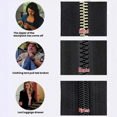 Zipper Repair Kit With 3 Different Sizes Replacement Zipper Heads And Quick Install Detachable Pulls No Sewing Needed Universal Fit For Jackets Luggage Bags Backpacks And More shown with metal, resin, and nylon zippers.