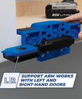 Cabinet Door Mounting Jig For Frameless And Face Frame Cabinets, Easy Adjustable Hinge Attachment Tool in use on door edge