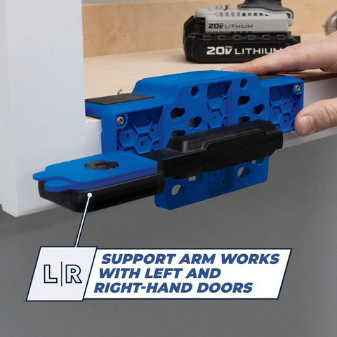 Cabinet Door Mounting Jig For Frameless And Face Frame Cabinets, Easy Adjustable Hinge Attachment Tool in use on door edge