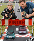 Father and son playing with Proportional One Forty Third RC Drift Car With Gyro, 4WD Drive, at a finish line
