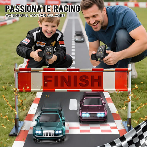 Father and son playing with Proportional One Forty Third RC Drift Car With Gyro, 4WD Drive, at a finish line