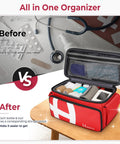 Front view of Mancro first aid bag, red travel medical organizer with black zipper, opened to show internal pockets