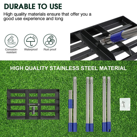 Heavy Duty Stainless Steel Lawn Leveling Rake With Adjustable 5 Foot Handle showing disassembled parts on grass background