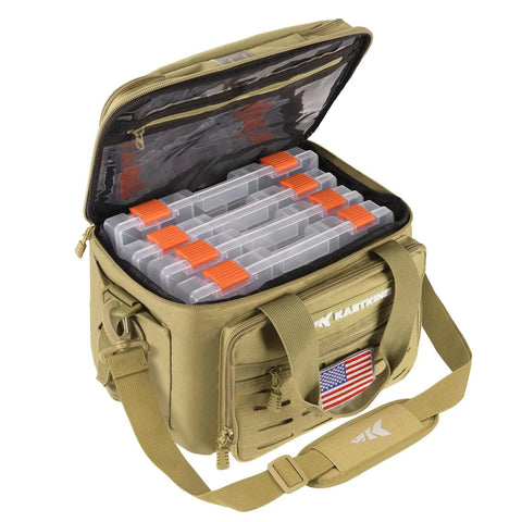 Versatile Tackle Bag With Four 3600 Trays For Saltwater And Freshwater Fishing, open wide mouth, 600D material, flag patch visible