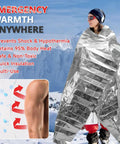 Person wrapped in Extra Large 84 Inch By 63 Inch Thermal Mylar Emergency Blanket Kit for outdoor winter camping in snow.