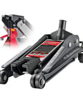 2 Ton U Jack Garage Jack That Saves Time No Fuss With 3000 Lbs Load Capacity And Lift Range From Four And A Half Inch To Eighteen And Three Quarters Inch Unique Slotted Saddle For Quick Slide In Jack Stands On Unibody Cars In Your Home Garage, shown with slotted saddle and wheels.