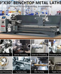 Garvee Mini Metal Lathe 9x30 Inch With 1100W Powerful Motor And 0-3000 Rpm Variable Speed Digital Readout Precision Benchtop Lathe in operation, showing various machining processes.