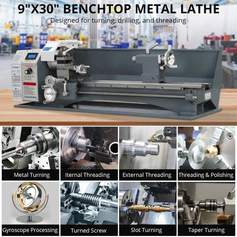 Garvee Mini Metal Lathe 9x30 Inch With 1100W Powerful Motor And 0-3000 Rpm Variable Speed Digital Readout Precision Benchtop Lathe in operation, showing various machining processes.