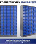 Front and side view of 100 Drawer Parts Cabinet With Nut And Bolt Organizer Label Stickers ABS Material Drawers