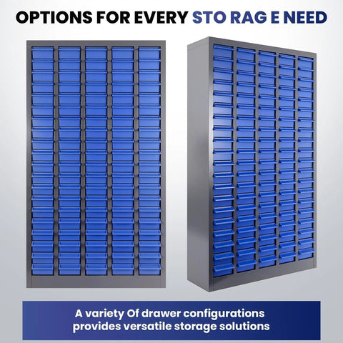 Front and side view of 100 Drawer Parts Cabinet With Nut And Bolt Organizer Label Stickers ABS Material Drawers