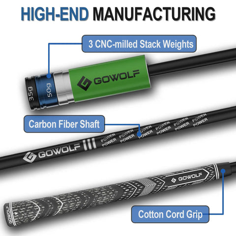 Adjustable Weight Golf Swing Trainer with 35g and 50g weights, carbon fiber shaft, and cotton cord grip for stability.