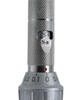 Close-up of Adjustable Torque Wrench 2-10 Nm With One Quarter Inch Square Drive 0.1 Nm Graduation, gray metal handle visible.