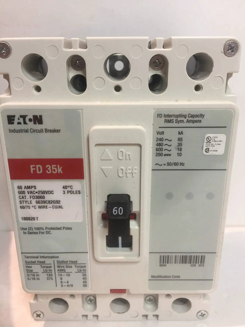 Pro Grade Heavy Duty Three Pole Panel Mount Type FD Molded Case Circuit Breaker side view with specs label.